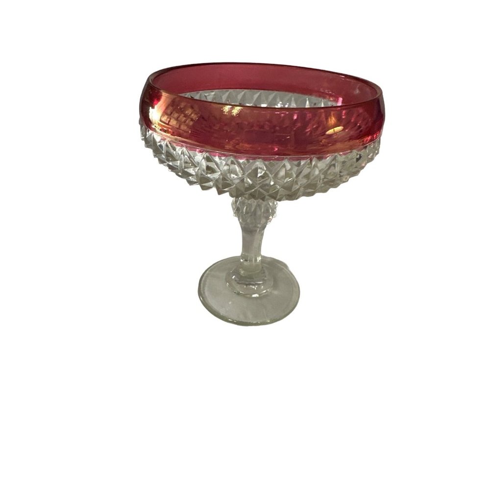 Vintage Indiana Glass cranberry flashed diamond point 7.5 inch compote